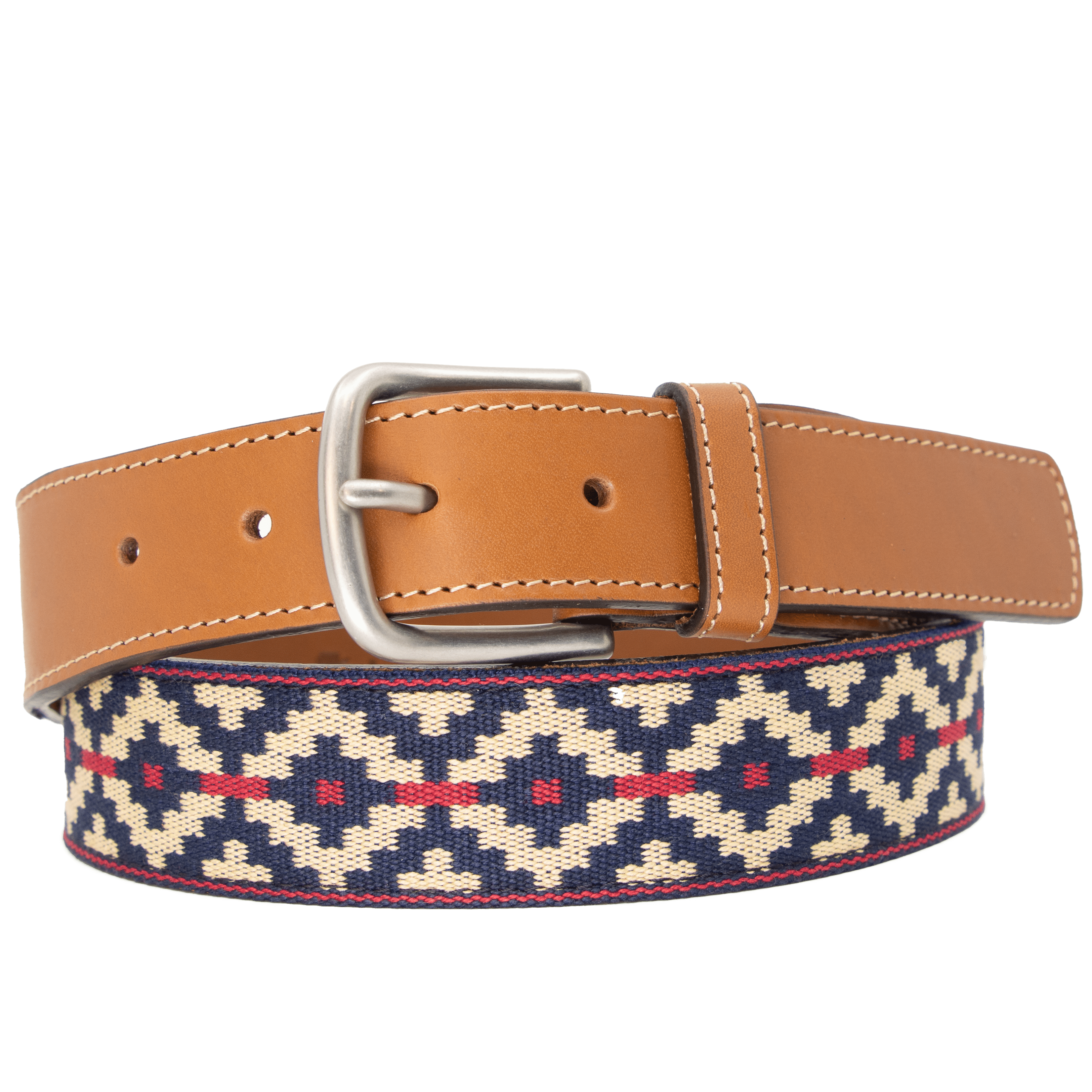 Men's Cognac Leather Trucha Navy Blue Woven Belt - La Matera