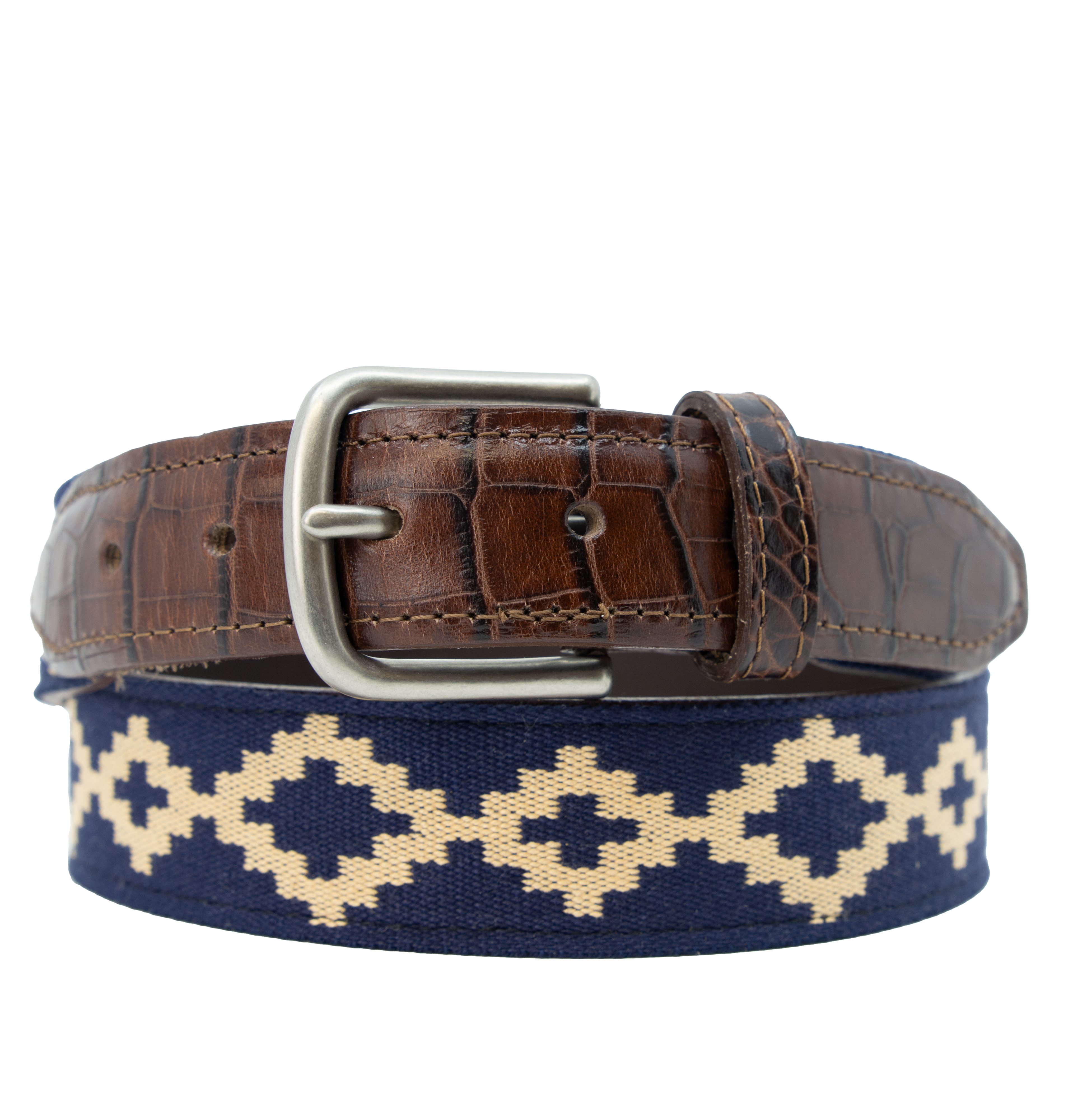 Men's Cognac Leather Corbina Navy Blue Woven Belt - La Matera Men's Cognac Leather Corbina Navy Blue Woven Belt - La Matera