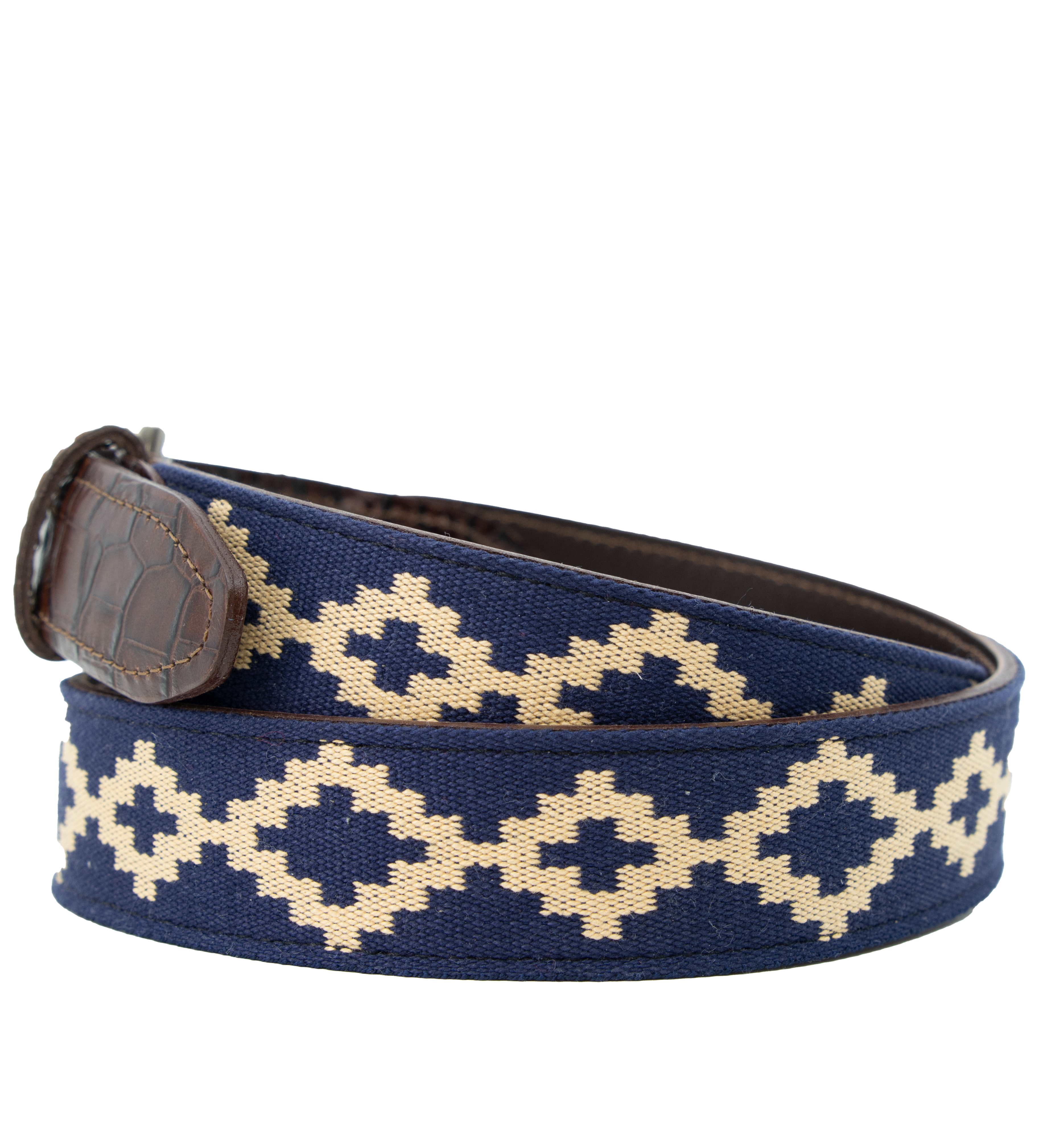 Men's Cognac Leather Corbina Navy Blue Woven Belt - La Matera