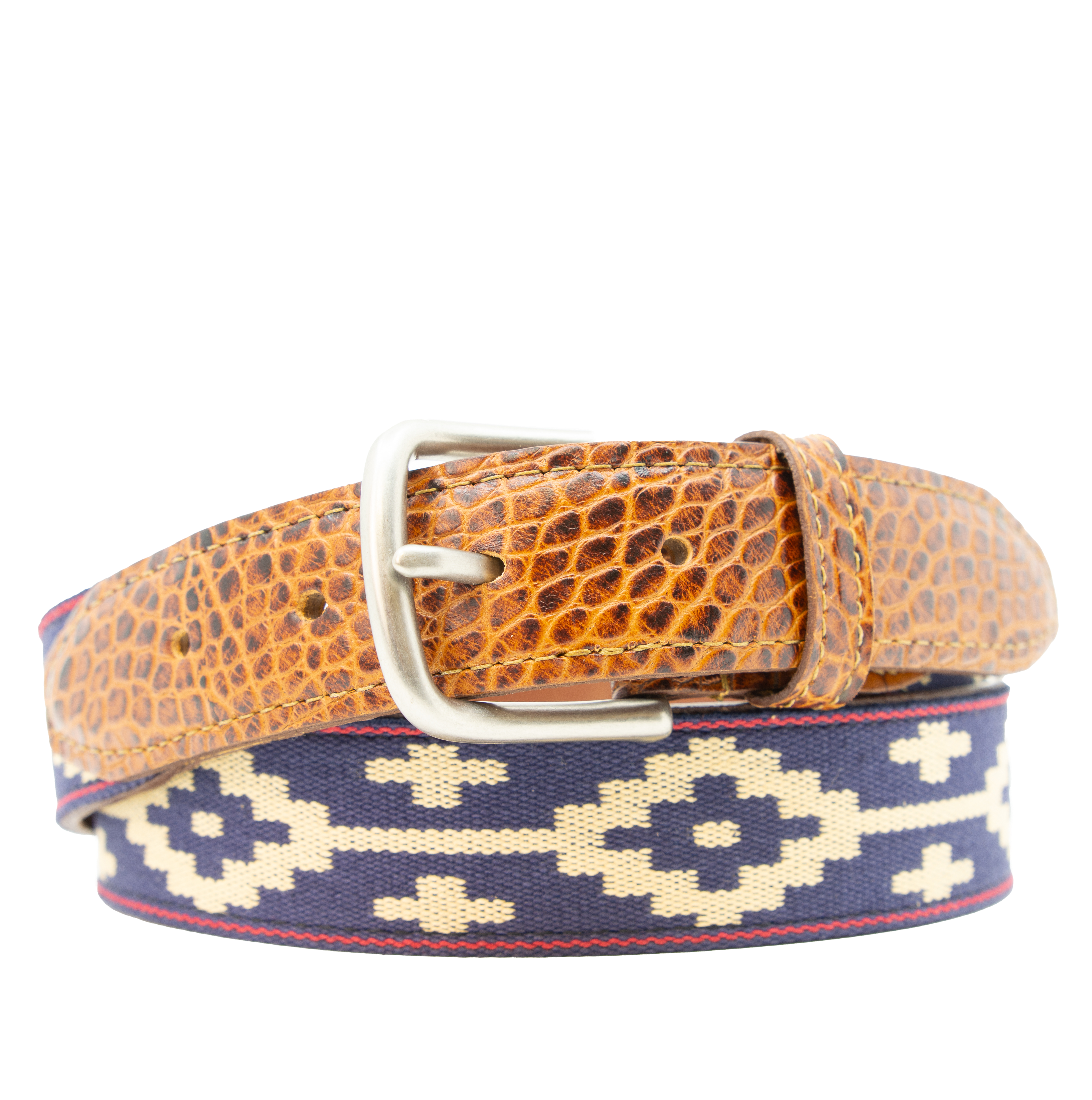 小物 Paloma Classic Belt Men's Cognac Leather Corbina Navy Blue Woven Belt - La Matera