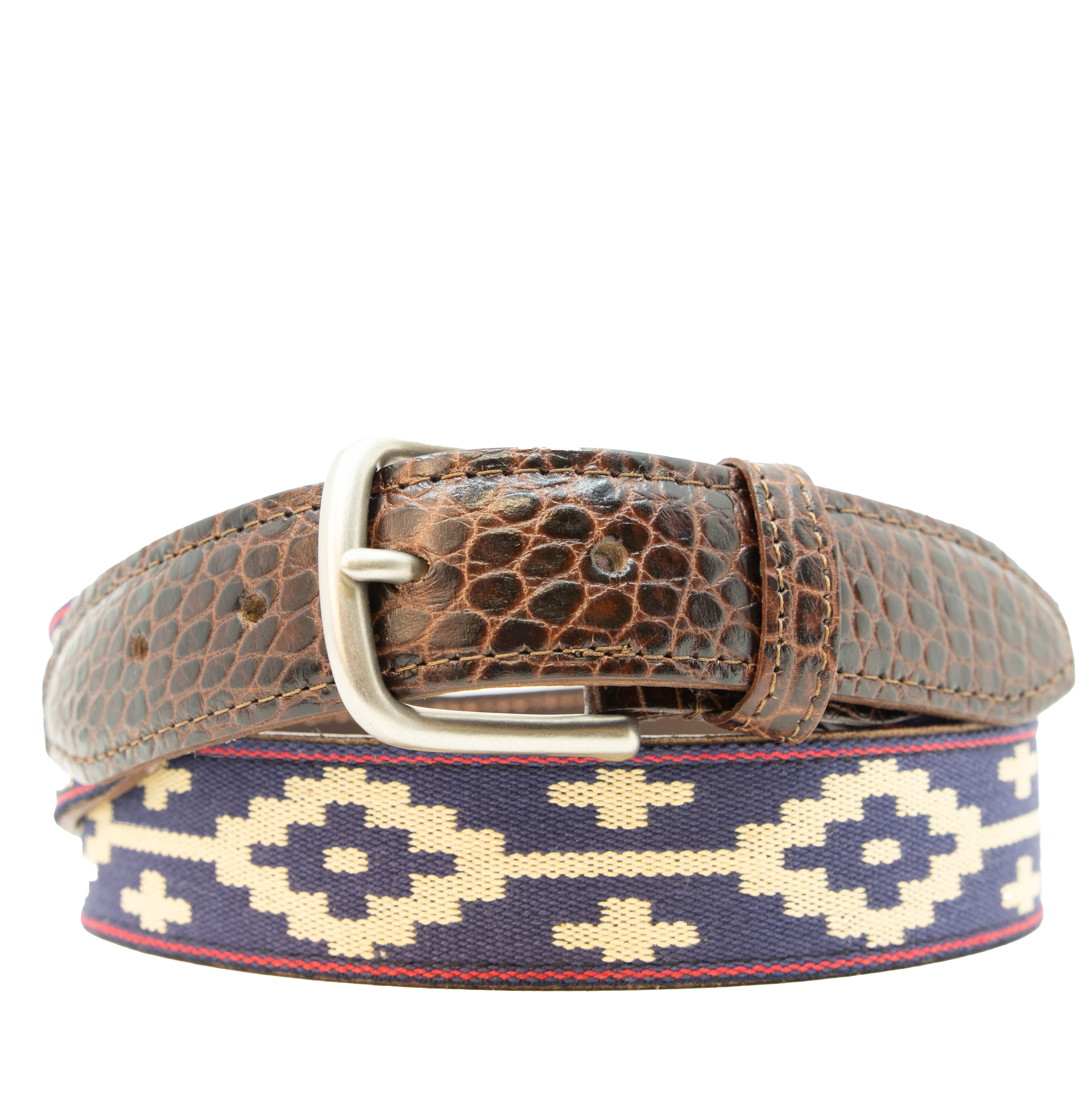 Men's Cognac Leather Corbina Navy Blue Woven Belt - La Matera