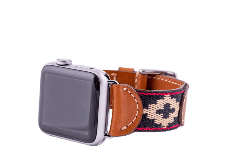 Cognac Leather Corbina Black Apple Woven Watch Band - La Matera