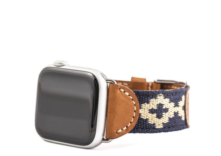 Cognac Leather Corbina Apple Navy Blue Woven Watch Band La Matera