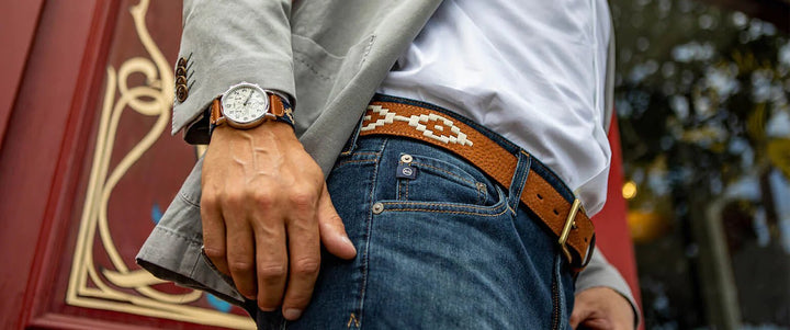 El Campo Belt Pictured. Brown leather with Argentine Print.