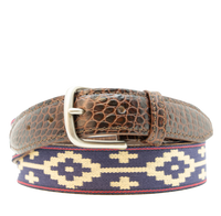 Men's Cognac Leather Corbina Navy Blue Woven Belt - La Matera