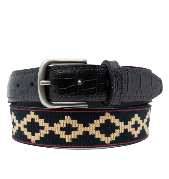 Men's Cognac Leather Corbina Navy Blue Woven Belt - La Matera