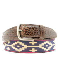 Men's Cognac Leather Corbina Navy Blue Woven Belt - La Matera