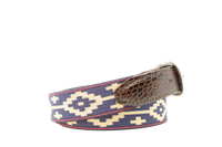 Men's Cognac Leather Corbina Navy Blue Woven Belt - La Matera