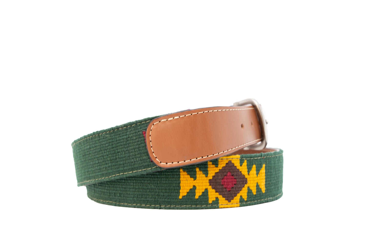 Chaipas Fair Trade Leather Woven OOAK Green Multi Color Godseye Belt 34” Mexico Tikal Handwoven Maya Belt | Full-Grain Leather | Antigua Threads main image 3